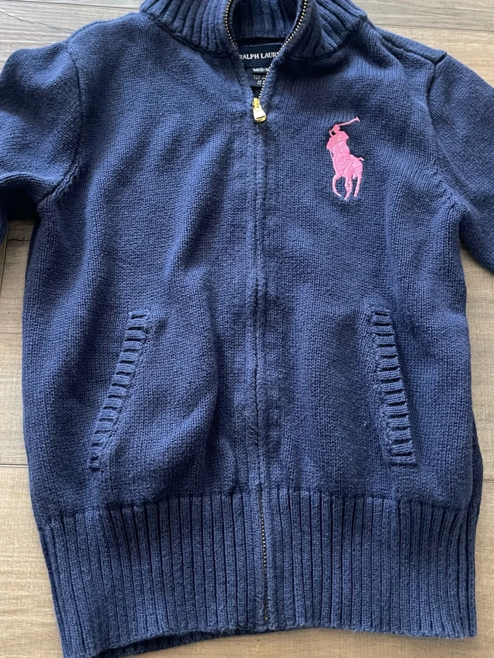 Ralph Lauren Girls M 8-10 Navy Full Zip Big Pony Sweater Cardigan Pink Logo